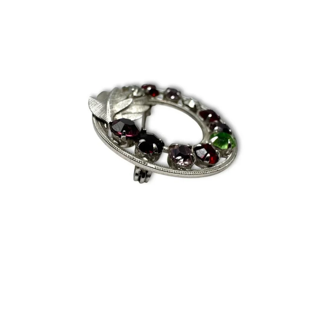 Vintage Curtis Designs Rhinestone Circle Brooch Multicolor Stones Silver-Tone